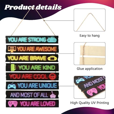 Game Room Decor for Boys, Wooden Wall Sign with Positive Affirmations & Gamer Icons, Bedroom Video Game Wall Art with Hanging Rope, Includes 56 Stickers for Console Setup in Saudi Arabia