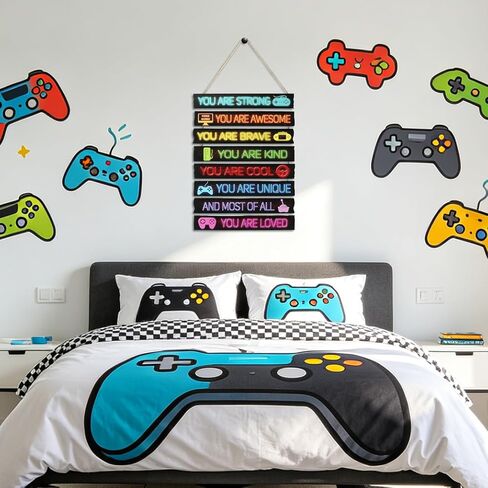 Game Room Decor for Boys, Wooden Wall Sign with Positive Affirmations & Gamer Icons, Bedroom Video Game Wall Art with Hanging Rope, Includes 56 Stickers for Console Setup in Saudi Arabia