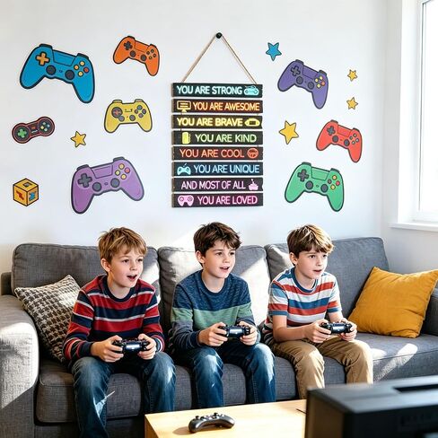 Game Room Decor for Boys, Wooden Wall Sign with Positive Affirmations & Gamer Icons, Bedroom Video Game Wall Art with Hanging Rope, Includes 56 Stickers for Console Setup in Saudi Arabia