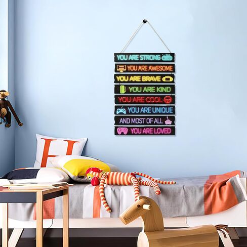 Game Room Decor for Boys, Wooden Wall Sign with Positive Affirmations & Gamer Icons, Bedroom Video Game Wall Art with Hanging Rope, Includes 56 Stickers for Console Setup in Saudi Arabia