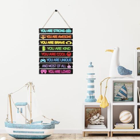 Game Room Decor for Boys, Wooden Wall Sign with Positive Affirmations & Gamer Icons, Bedroom Video Game Wall Art with Hanging Rope, Includes 56 Stickers for Console Setup in Saudi Arabia
