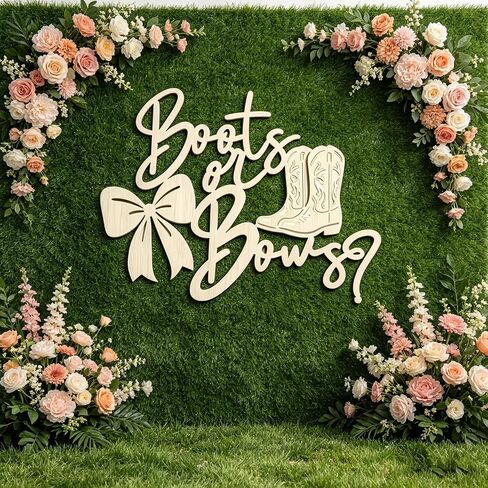 Boots or Bows Gender Reveal Wooden Sign - He or She Sign,Girl or Boy Birthday Party Wall Sign for Backdrop Decor, Baby Shower Party Gender Reveal Sign for Balloon Arch Decor in Kuwait
