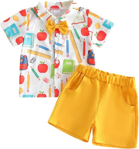 Toddler Boy Back to School Outfit Apple Pencil Bowtie Shirt Top Shorts Set First Day of School Kindergarten Clothes in Saudi Arabia