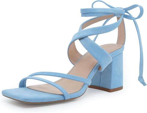 Women's Strappy Lace Up Heels Square Toe Block Sandals, Light Blue, 11 | Tie Up Ankle Wrap Design Dress Shoes for Wedding Guest, Graduation and Homecoming in Kuwait