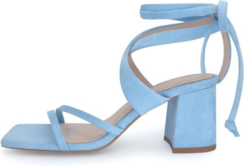 Women's Strappy Lace Up Heels Square Toe Block Sandals, Light Blue, 11 | Tie Up Ankle Wrap Design Dress Shoes for Wedding Guest, Graduation and Homecoming in Kuwait