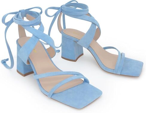 Women's Strappy Lace Up Heels Square Toe Block Sandals, Light Blue, 11 | Tie Up Ankle Wrap Design Dress Shoes for Wedding Guest, Graduation and Homecoming in Kuwait