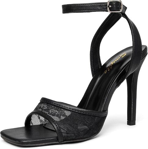 Women's Square Toe Lace Heeled Sandals, Ankle Strap Stiletto High Heels, Black Mesh Sexy Backless Dress Sandals for Wedding Party Evening in Kuwait