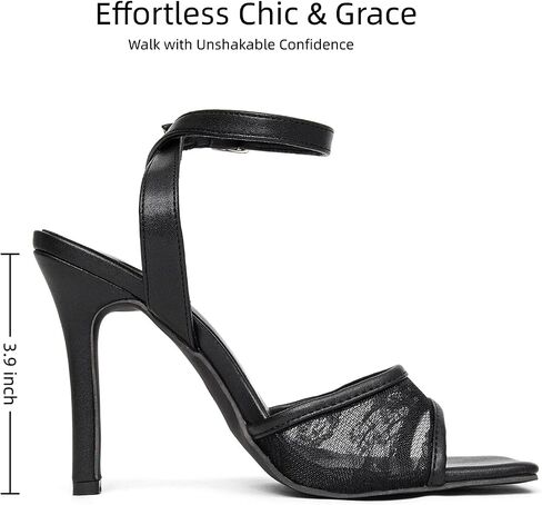 Women's Square Toe Lace Heeled Sandals, Ankle Strap Stiletto High Heels, Black Mesh Sexy Backless Dress Sandals for Wedding Party Evening in Kuwait