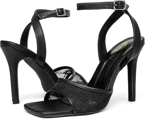 Women's Square Toe Lace Heeled Sandals, Ankle Strap Stiletto High Heels, Black Mesh Sexy Backless Dress Sandals for Wedding Party Evening in Kuwait