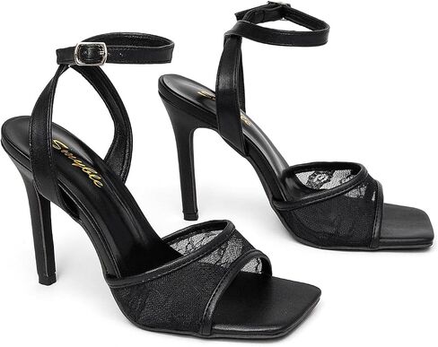 Women's Square Toe Lace Heeled Sandals, Ankle Strap Stiletto High Heels, Black Mesh Sexy Backless Dress Sandals for Wedding Party Evening in Kuwait
