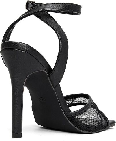 Women's Square Toe Lace Heeled Sandals, Ankle Strap Stiletto High Heels, Black Mesh Sexy Backless Dress Sandals for Wedding Party Evening in Kuwait