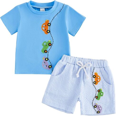 Kavousa Toddler Boy Summer Outfits Baby Boy Airplane Short Sleeves T-Shirt Plaid Shorts Set Infant Boy Clothes Set in Saudi Arabia