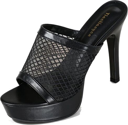Women Mesh Platform Stiletto Sandals Peep Toe Dress High Heels Mules | Mesh Upper With Leather Trim Slim High Heel Backless Slides For Women Summer Party Club Evening Occasions. in Kuwait
