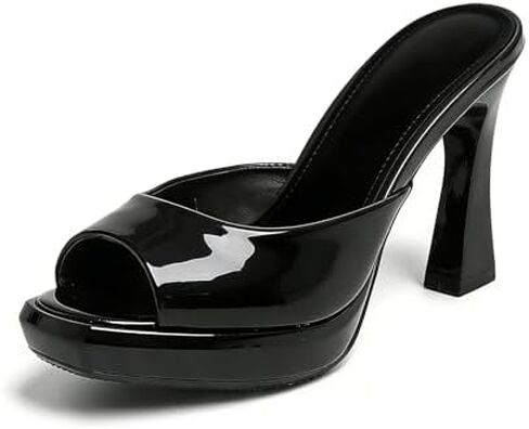 Women's Platform Block Heel Mules Square Peep Toe Slip-On High Heel Sandals | Glossy PU U-Shape Upper,3.94-inch Stable Chunky High Heel,0.78in Platform,Comfort Insole,For Weddings & Evening Dress Party in Kuwait