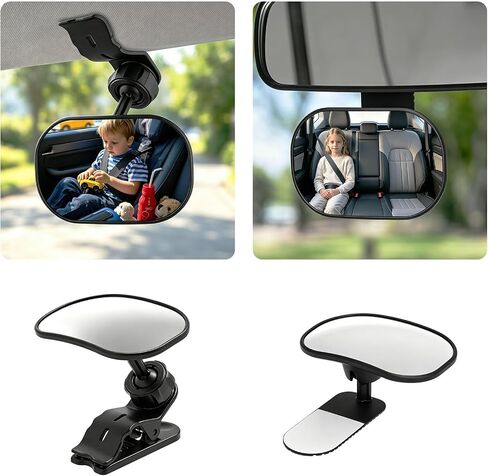 Dual-Purpose Baby Car Mirror with Clip-On & Adhesive Installation | Anti-Glare Car Seat Mirror for Baby Rear Facing,Unobstruct View,360° Adjustable,Universal Fit Sun Visors & Rearview Mirrors in Kuwait