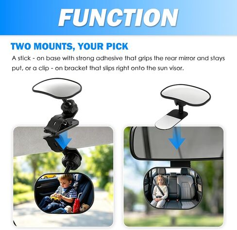 Dual-Purpose Baby Car Mirror with Clip-On & Adhesive Installation | Anti-Glare Car Seat Mirror for Baby Rear Facing,Unobstruct View,360° Adjustable,Universal Fit Sun Visors & Rearview Mirrors in Kuwait