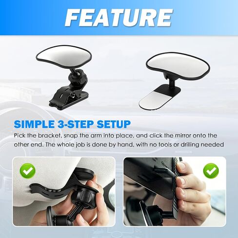 Dual-Purpose Baby Car Mirror with Clip-On & Adhesive Installation | Anti-Glare Car Seat Mirror for Baby Rear Facing,Unobstruct View,360° Adjustable,Universal Fit Sun Visors & Rearview Mirrors in Kuwait