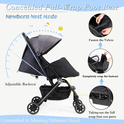 Rollingsurfer Lightweight Baby Stroller for Airplane, Compact Travel Pushchair with Retractable Foot Cover & Reclining Backrest, One Hand Fold Stroller for Toddlers 0-36 Months in Kuwait