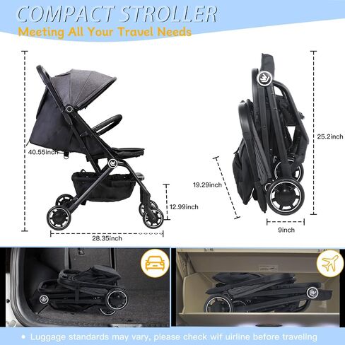 Rollingsurfer Lightweight Baby Stroller for Airplane, Compact Travel Pushchair with Retractable Foot Cover & Reclining Backrest, One Hand Fold Stroller for Toddlers 0-36 Months in Kuwait