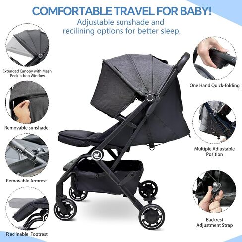 Rollingsurfer Lightweight Baby Stroller for Airplane, Compact Travel Pushchair with Retractable Foot Cover & Reclining Backrest, One Hand Fold Stroller for Toddlers 0-36 Months in Kuwait