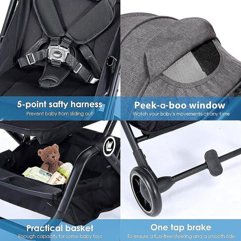 Rollingsurfer Lightweight Baby Stroller for Airplane, Compact Travel Pushchair with Retractable Foot Cover & Reclining Backrest, One Hand Fold Stroller for Toddlers 0-36 Months in Kuwait