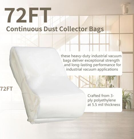 4 Pack 72Ft Heavy-Duty Industrial Vacuum Bags, 5.5mil Thickness 3-Ply PE | Continuous Dust Collector Bags for Concrete Grinding & Sawing, Fits Most Dust Extractors, Includes Zip Ties in Saudi Arabia