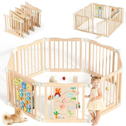Foldable Wooden Playpen, 55 x 55 x 24 inches, Dino Land, Natural | Adjustable Wood Baby Play Yard with Child-Proof Lock, Indoor Large Safety Fence for Babies and Toddlers, Easy Assembly in Saudi Arabia