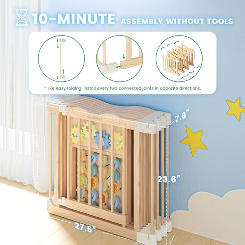Foldable Wooden Playpen, 55 x 55 x 24 inches, Dino Land, Natural | Adjustable Wood Baby Play Yard with Child-Proof Lock, Indoor Large Safety Fence for Babies and Toddlers, Easy Assembly in Saudi Arabia