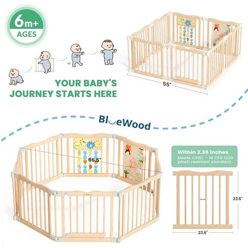 Foldable Wooden Playpen, 55 x 55 x 24 inches, Dino Land, Natural | Adjustable Wood Baby Play Yard with Child-Proof Lock, Indoor Large Safety Fence for Babies and Toddlers, Easy Assembly in Saudi Arabia