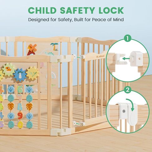 Foldable Wooden Playpen, 55 x 55 x 24 inches, Dino Land, Natural | Adjustable Wood Baby Play Yard with Child-Proof Lock, Indoor Large Safety Fence for Babies and Toddlers, Easy Assembly in Saudi Arabia