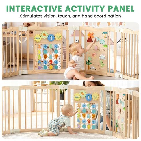 Foldable Wooden Playpen, 55 x 55 x 24 inches, Dino Land, Natural | Adjustable Wood Baby Play Yard with Child-Proof Lock, Indoor Large Safety Fence for Babies and Toddlers, Easy Assembly in Saudi Arabia