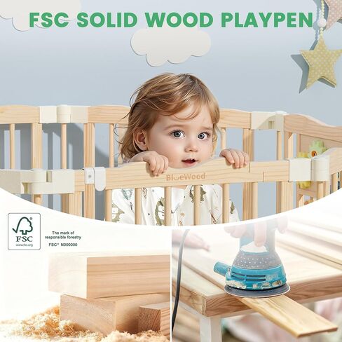 Foldable Wooden Playpen, 55 x 55 x 24 inches, Dino Land, Natural | Adjustable Wood Baby Play Yard with Child-Proof Lock, Indoor Large Safety Fence for Babies and Toddlers, Easy Assembly in Saudi Arabia