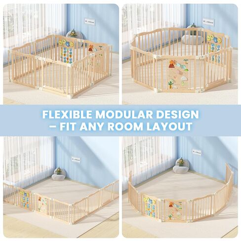 Foldable Wooden Playpen, 55 x 55 x 24 inches, Dino Land, Natural | Adjustable Wood Baby Play Yard with Child-Proof Lock, Indoor Large Safety Fence for Babies and Toddlers, Easy Assembly in Saudi Arabia