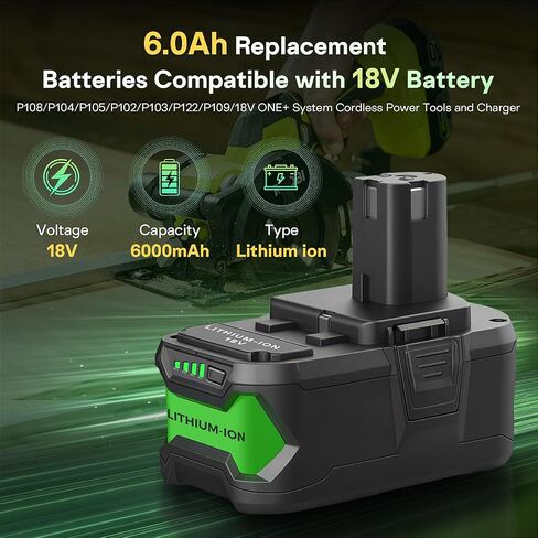 Upgraded 2 Pack 6.0Ah Replacement Batteries Compatible with 18v Battery | Lithium Ion Battery for P108 P104 P105 P102 P103 P122 P109 ONE+ System Cordless Power Tools & Charger in Kuwait