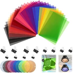 52 Pack Colored Correction Gel Filters Rectangle Round with Clips Set | 30 A4 rectangular gels & 10 round discs in 10 professional hues, multi-size fixing clips, matched storage case for photo in Saudi Arabia