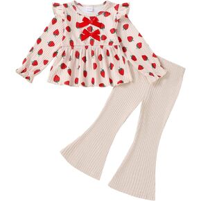 SODLON Toddler Girl Clothes Ruffle Bell Bottoms Fall Winter Outfits 18M-6T | Little Girls Outfit, Long Sleeve Ruffle Knit Top Ribbed Flare Pants, 2-Piece Kids Clothing for School, Holiday and Photos in Kuwait