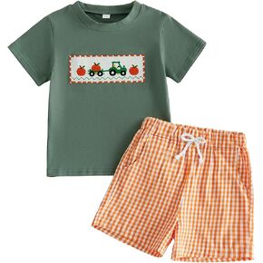 Toddler Baby Boy Halloween Outfit Short Sleeve T Shirt Plaid Shorts Set | Baby Toddler Boy Halloween Outfits Pumpkin Tractor/Truck Embroidery Smocked Short Sleeve T Shirt Top Plaid Shorts Set in Saudi Arabia