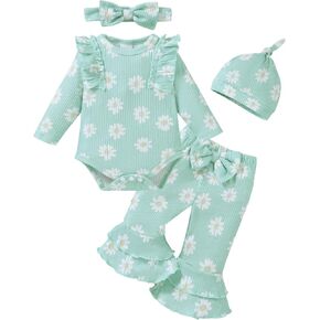 Renotemy Newborn Baby Girl Clothes Infant Fall Outfits Preemie-12Months | Preemie Clothes Girl Newborn Essentials,Winter Going Home Outfit,Ruffle Snap Button Design Bodysuit Romper Bell Bottom Pants in Saudi Arabia