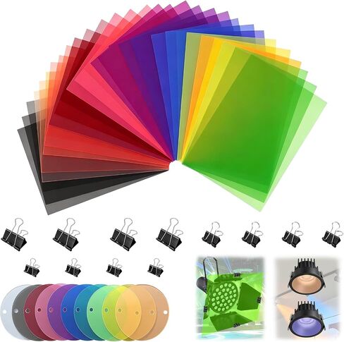 52 Pack Colored Correction Gel Filters Rectangle Round with Clips Set | 30 A4 rectangular gels & 10 round discs in 10 professional hues, multi-size fixing clips, matched storage case for photo in Saudi Arabia