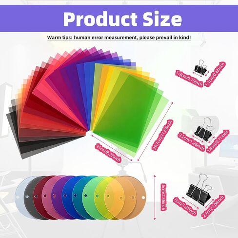 52 Pack Colored Correction Gel Filters Rectangle Round with Clips Set | 30 A4 rectangular gels & 10 round discs in 10 professional hues, multi-size fixing clips, matched storage case for photo in Saudi Arabia