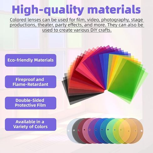 52 Pack Colored Correction Gel Filters Rectangle Round with Clips Set | 30 A4 rectangular gels & 10 round discs in 10 professional hues, multi-size fixing clips, matched storage case for photo in Saudi Arabia