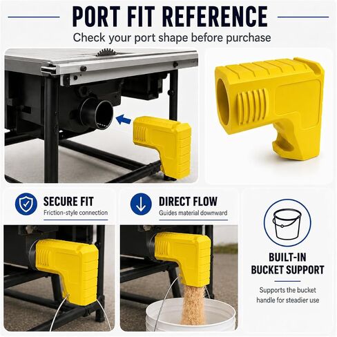 Table Saw Dust Collection Adapter,Snap On Sawdust Collector Port Connector for Compatible 2.05 in Table Saw Dust Ports,Gravity Fed Wood Chip Outlet with Built in Bucket Support Area in Saudi Arabia