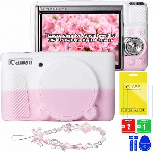 حافظة كاميرا لكاميرا Canon PowerShot SX740 HS/SX730 HS، غطاء واقي من السيليكون الناعم مع غطاء عدسة قابل للإزالة، واقي شاشة من الزجاج المقوى وحزام المعصم، ملحقات الكاميرا (وردي) in Kuwait