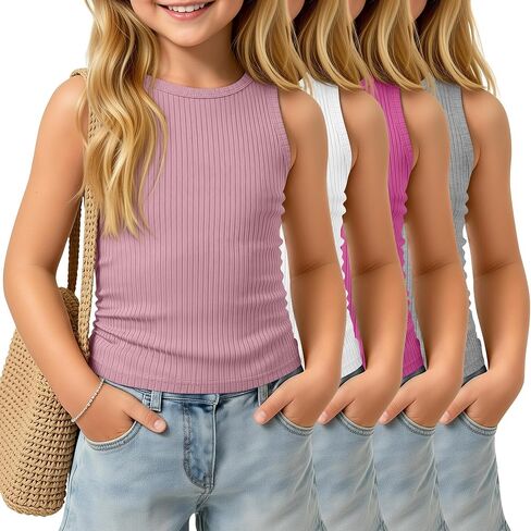 4 Pack Toddler Girls' Tank Tops | Sleeveless, Cotton, Ribbed, Undershirt, Summer, Crew Neck, Side Ruched, Camisole, Soft, Basic, for 18m-5t in Saudi Arabia