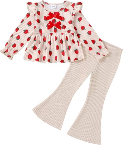 SODLON Toddler Girl Clothes Ruffle Bell Bottoms Fall Winter Outfits 18M-6T | Little Girls Outfit, Long Sleeve Ruffle Knit Top Ribbed Flare Pants, 2-Piece Kids Clothing for School, Holiday and Photos in Saudi Arabia