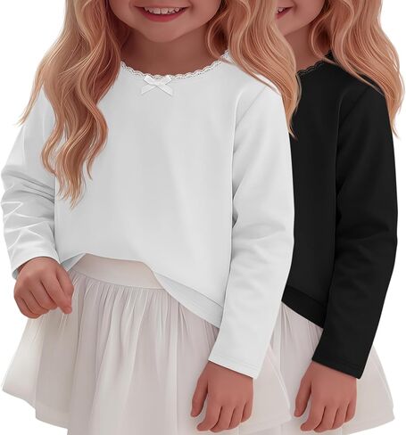 2 Pack Toddler Girls Long Sleeve Shirts | Little Girls Cotton Shirts, Lace Bow Crewneck Tees, Baby Basic Layer, Fall Plain Undershirts, Preschool Clothes, Kids Outfit in Saudi Arabia