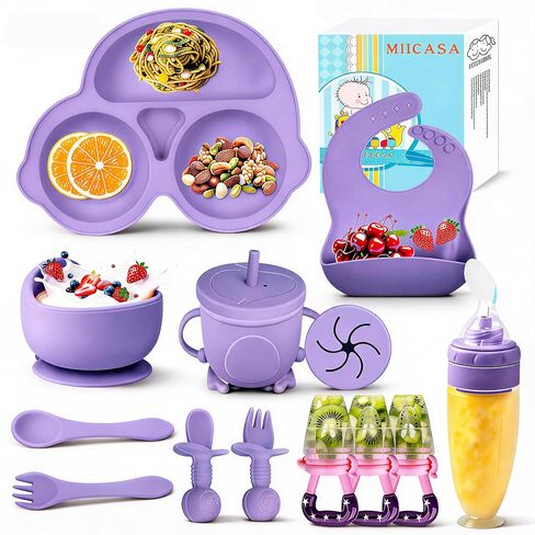 Silicone Baby Feeding Set,Miicasa Baby Led Weaning Supplies Kit With Suction Bowl & Car Plate, Bib, Spoon, Fork, Cup - Food-Grade Silicone, Dishwasher-Safe, No BPAs - For 3+ Months in Saudi Arabia