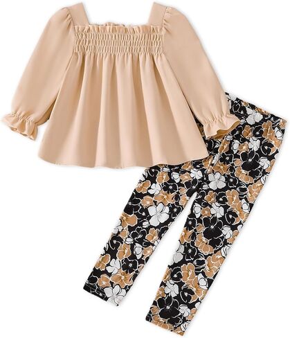 Baby Girl Clothes Toddler Girls 2PCS Fall Outfits Long Sleeve Pant Sets | Ruffle Shirt, Floral Pant Sets, 9 12 18 24 Months, 2 3T, Smocked Cuff, Breathable, Baby Girl Stuff, Clothing Sets, Girls Gift in Kuwait