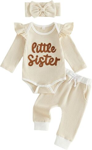 Newborn Baby Girl Fall Outfit Set Romper Pants Infant Waffle Clothes | Long Sleeve Letter Embroidery Jumpsuit Bodysuit in Saudi Arabia