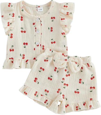 Toddler Baby Girl Summer Clothes Cherry Print Botton Down Flying Sleeve Tops Ruffle Shorts Summer Kids Outfits in Kuwait